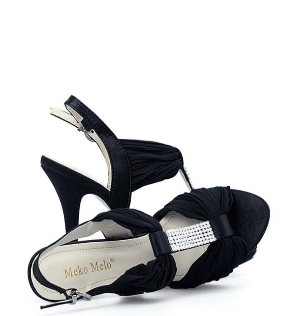 Sandałki czarne wizytowe satyna i cyrkonie szpilki - obrazek 4