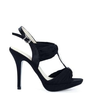 Czarne sandałki szpilki z szyfonu ozdobione cyrkoniami.