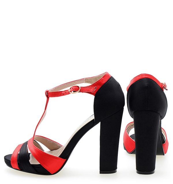 Sandałki czarno-czerwone satyna słupek - obrazek 5