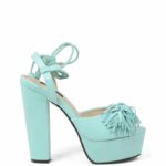 Finezyjne, sandałki na słupku w kolorze miętowym - bokiem