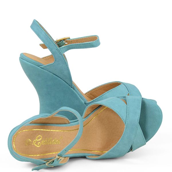 Sandałki niebieskie na koturnie - obrazek 3