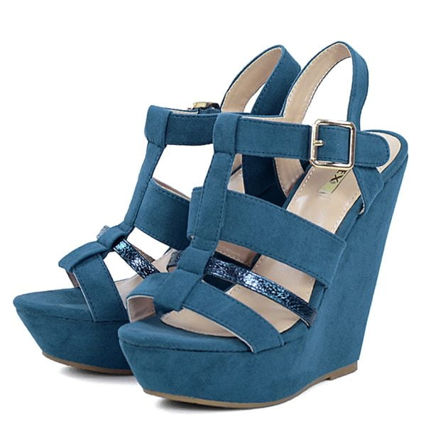 Sandałki niebieskie na koturnie zamszowe - obrazek 2