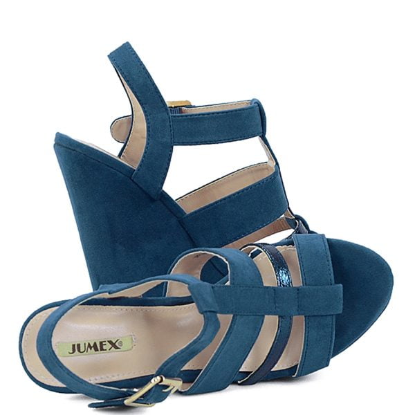 Sandałki niebieskie na koturnie zamszowe - obrazek 6