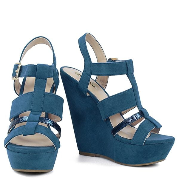 Sandałki niebieskie na koturnie zamszowe - obrazek 5