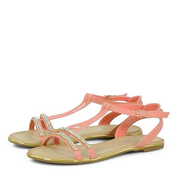 Sandałki różowe na płaskim obcasie z cyrkoniami - obrazek 4