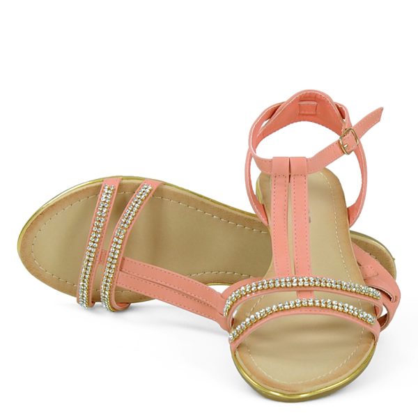 Sandałki różowe na płaskim obcasie z cyrkoniami - obrazek 2