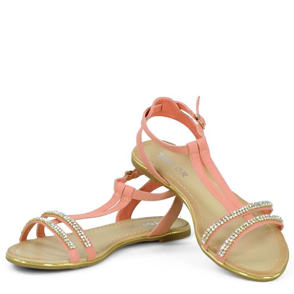 Sandałki różowe na płaskim obcasie z cyrkoniami - obrazek 3