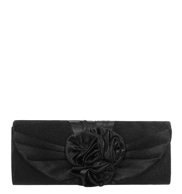 Torebka czarna kopertówka z różą satynowa - z przodu