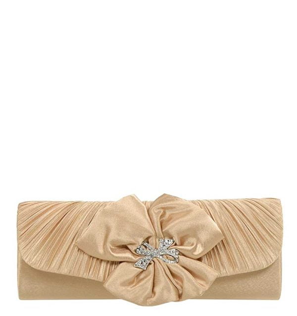 Torebka złota kopertówka satynowa kokardka - z przodu