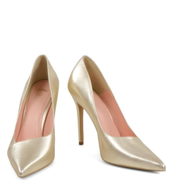 HAILEY - Wysokie, złote szpilki  z charakterystycznym przeszyciem cholewki. - z przodu