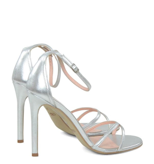 GASSU Sandałki SOPHIA srebrne cienkie paski pełna pieta pasek nad kostką szpilki - po skosie