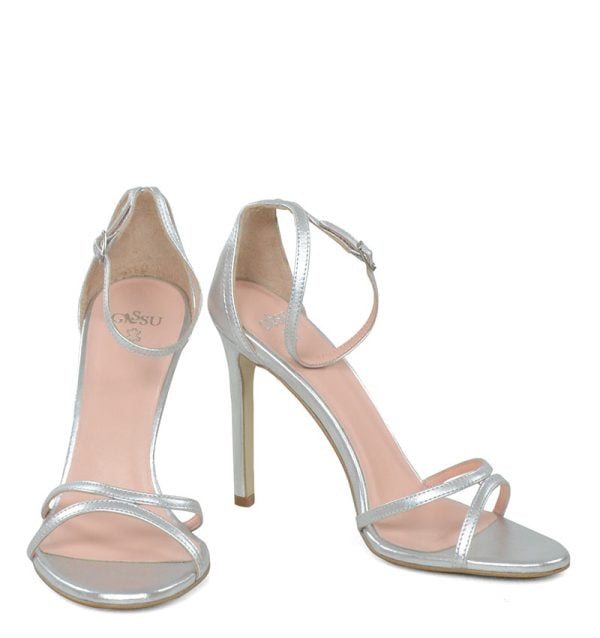 GASSU Sandałki SOPHIA srebrne cienkie paski pełna pieta pasek nad kostką szpilki - z przodu