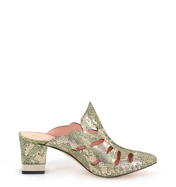 LECCO klapki pełne na słupku złote zielone skórzane - bokiem