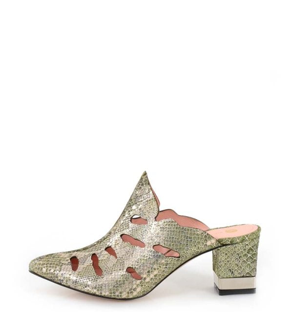 LECCO klapki pełne na słupku złote zielone skórzane - bokiem