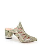 LECCO klapki pełne na słupku złote zielone skórzane - po skosie