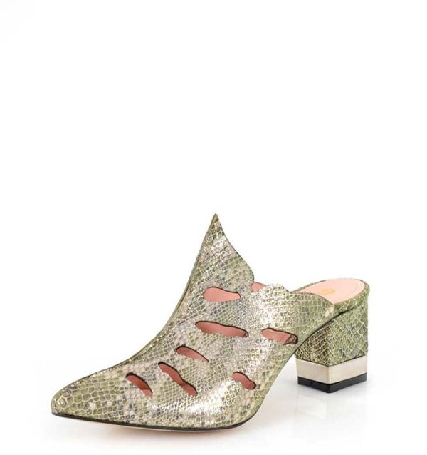 LECCO klapki pełne na słupku złote zielone skórzane - po skosie