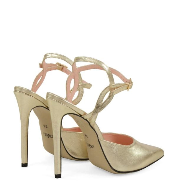 JOY od GASSU złote skórzane szpilki bez pięty - po skosie