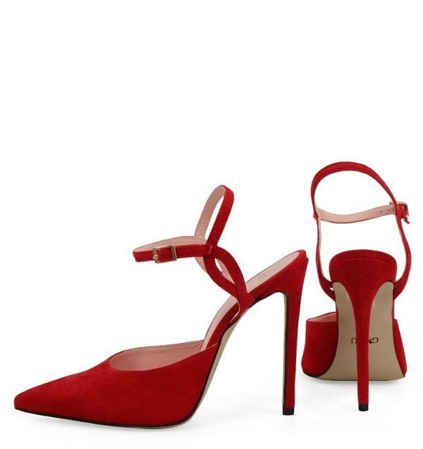 JOY od GASSU czerwone szpilki zamszowe z odkrytą piętą - z tyłu