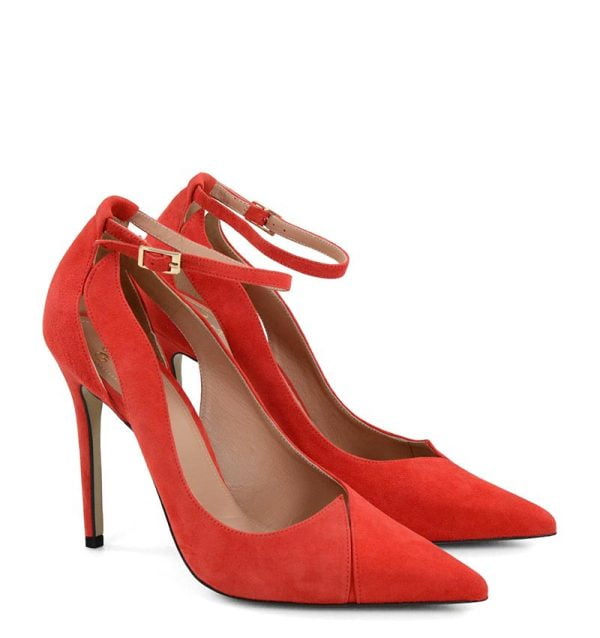 czerwone szpilki zamszowe TESS z paskiem nad kostką - po skosie