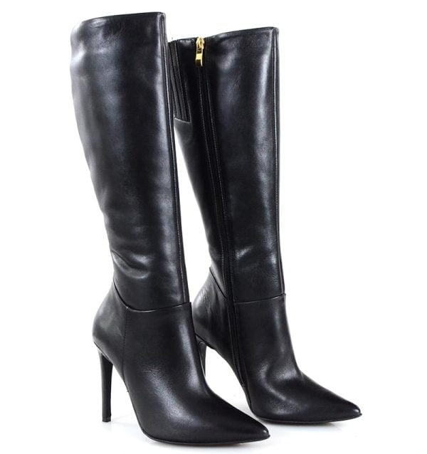 Kozaki skórzane czarne szpilki - po skosie