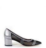 Ażurowe czarne czółenka na srebrnym słupku - bokiem