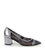 Ażurowe czarne czółenka na srebrnym słupku - bokiem