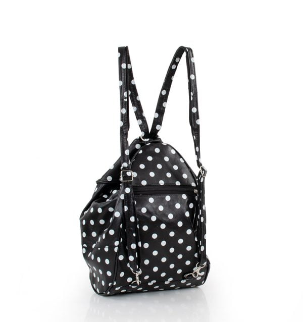 Czarny plecak damski w białe kropki, skórzany - z tyłu