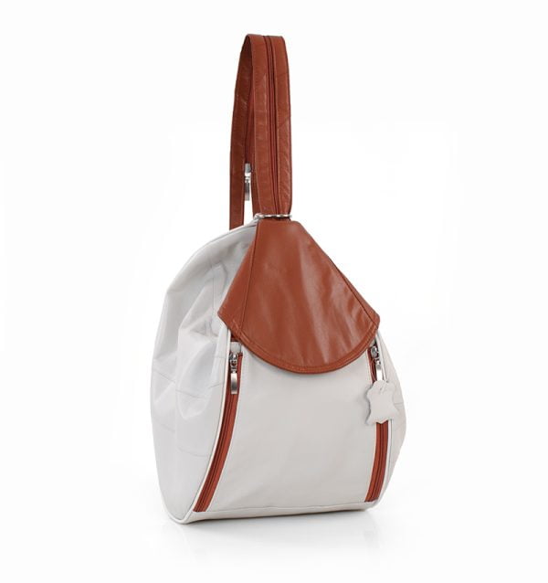 Torba damska biała z brązowym akcentem skórzana - z przodu
