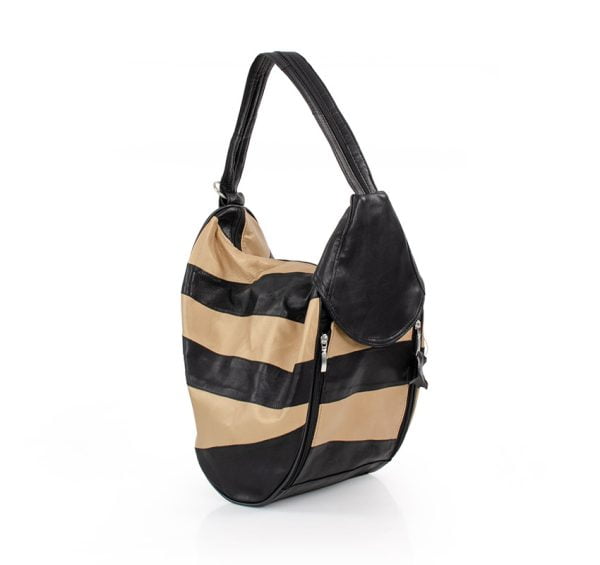 Plecak beżowo czarny 1 Torba damska w paski beżowo czarna - po skosie