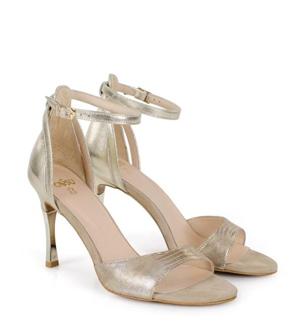 GASSU Sandałki MEGAN jasno złote szpilki z motywem skóry jaszczurki - po skosie